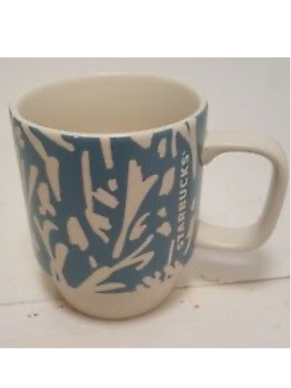 Starbucks 2016 Coffee Mug Teal Blue and Cream Bamboo Design Stackable 12 oz.